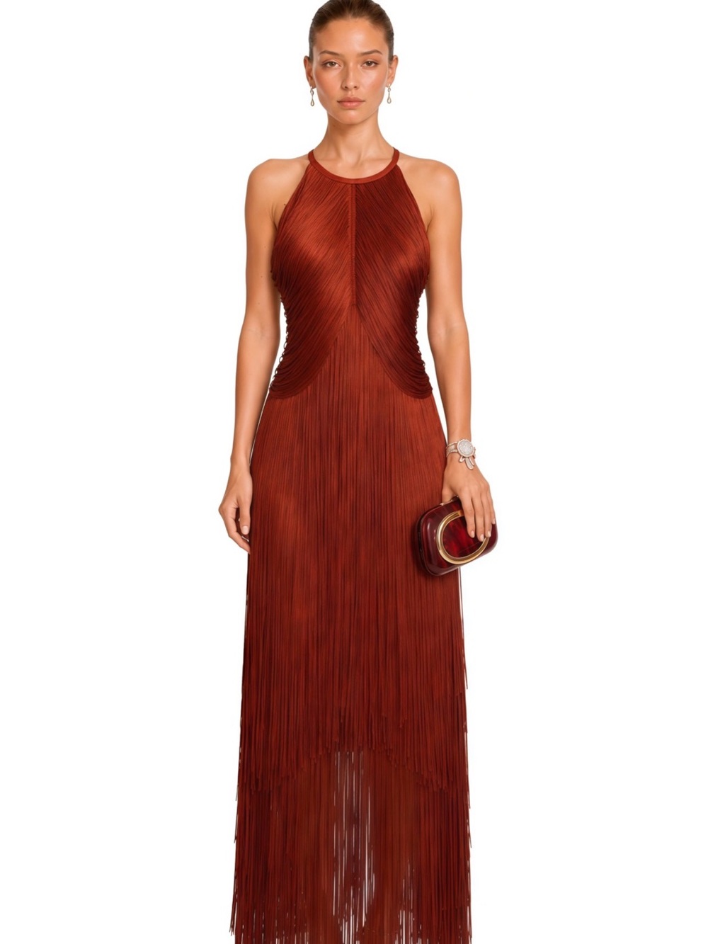 melisande rusty red halterneck fringed maxi gown